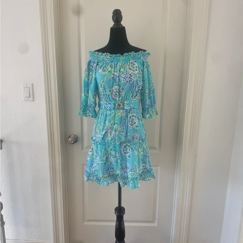 Lilly Pulitzer Sz XS Louisa off the shoulder Dress Turtle Season - Picture 5 of 15